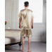 Mens 100% Silk Sleepwear T-shirt Top & Shorts Set Pajama Set  S M L Beige Silver