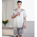 Mens 100% Silk Sleepwear T-shirt Top & Shorts Set Pajama Set  S M L Beige Silver