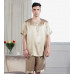 Mens 100% Silk Sleepwear T-shirt Top & Shorts Set Pajama Set  S M L Beige Silver