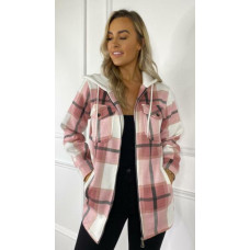 Womens Check Fleece Casual Hooded Jacket Shacket Top Shirt Coat Oversize Baggy